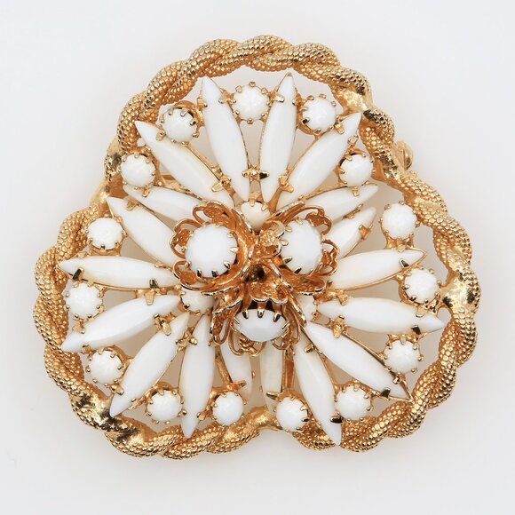 Jewelry - Vintage 3D Gold Tone Milk Glass‎ Rhinestone Floral and Starburst Brooch 1950s